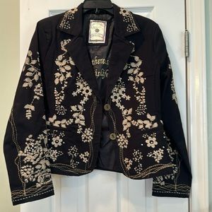 Black Embroidered lined Jean-like material jacket/blazer with embellishments.